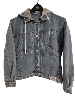 TG Women Light Wash Denim Jacket with Gray Hooded Lining